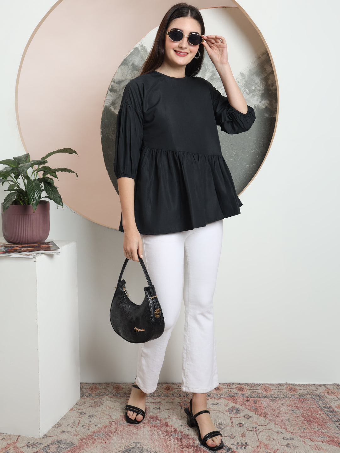 casual puff sleeves solid women top 1