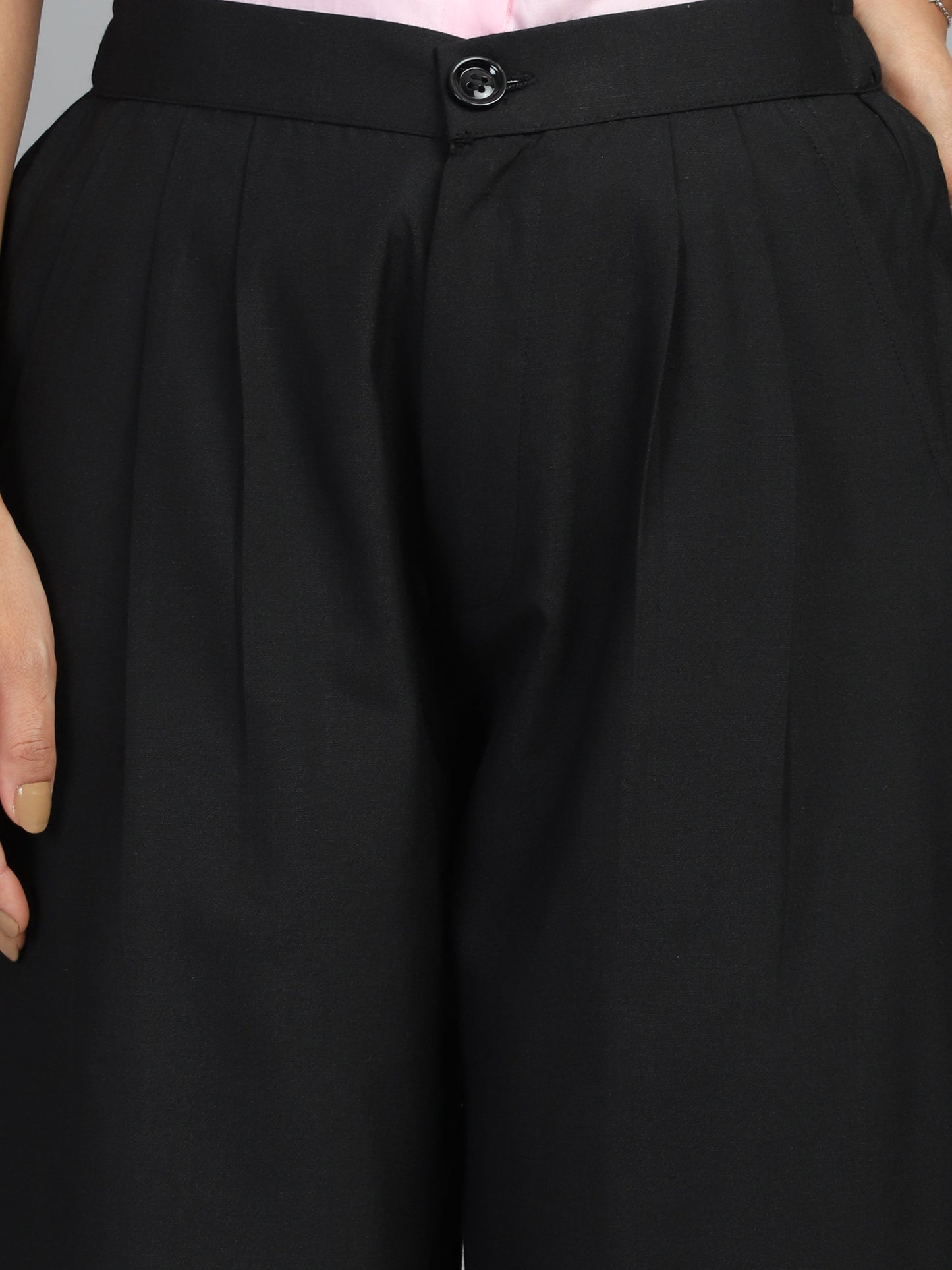 relaxed straight fit high rise pleated trousers