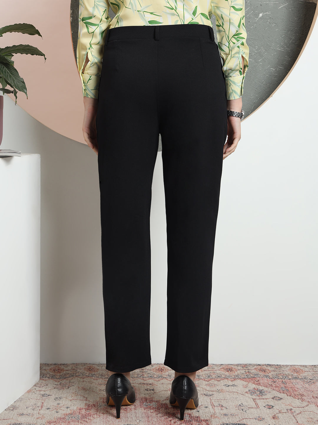 women tailored straight fit high rise easy wash formal trousers