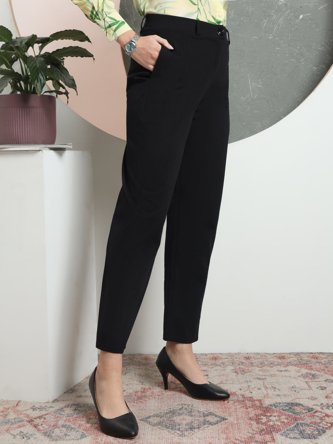 women tailored straight fit high rise easy wash formal trousers
