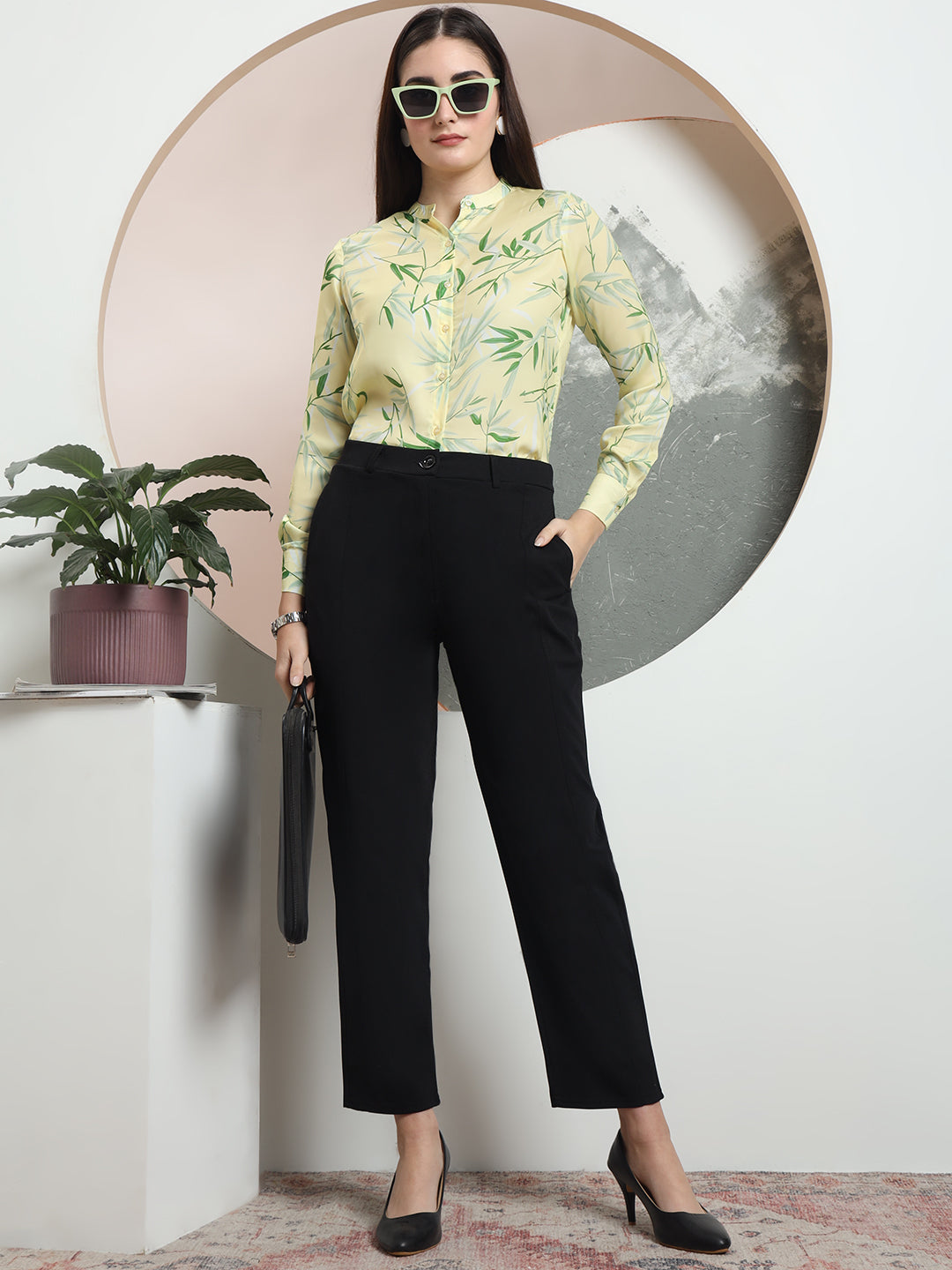 women tailored straight fit high rise easy wash formal trousers