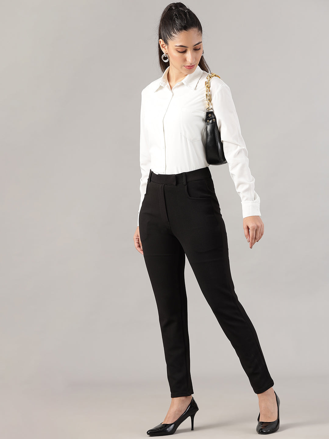 womens work straight high rise wrinkle free formal beige trousers
