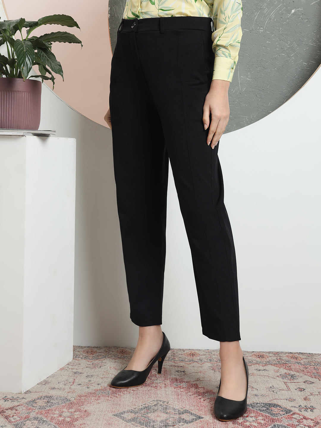 women tailored straight fit high rise easy wash formal trousers