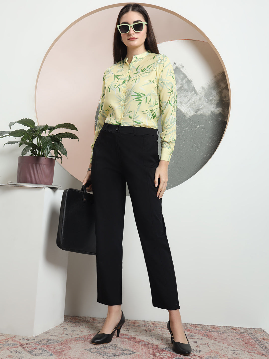 women tailored straight fit high rise easy wash formal trousers