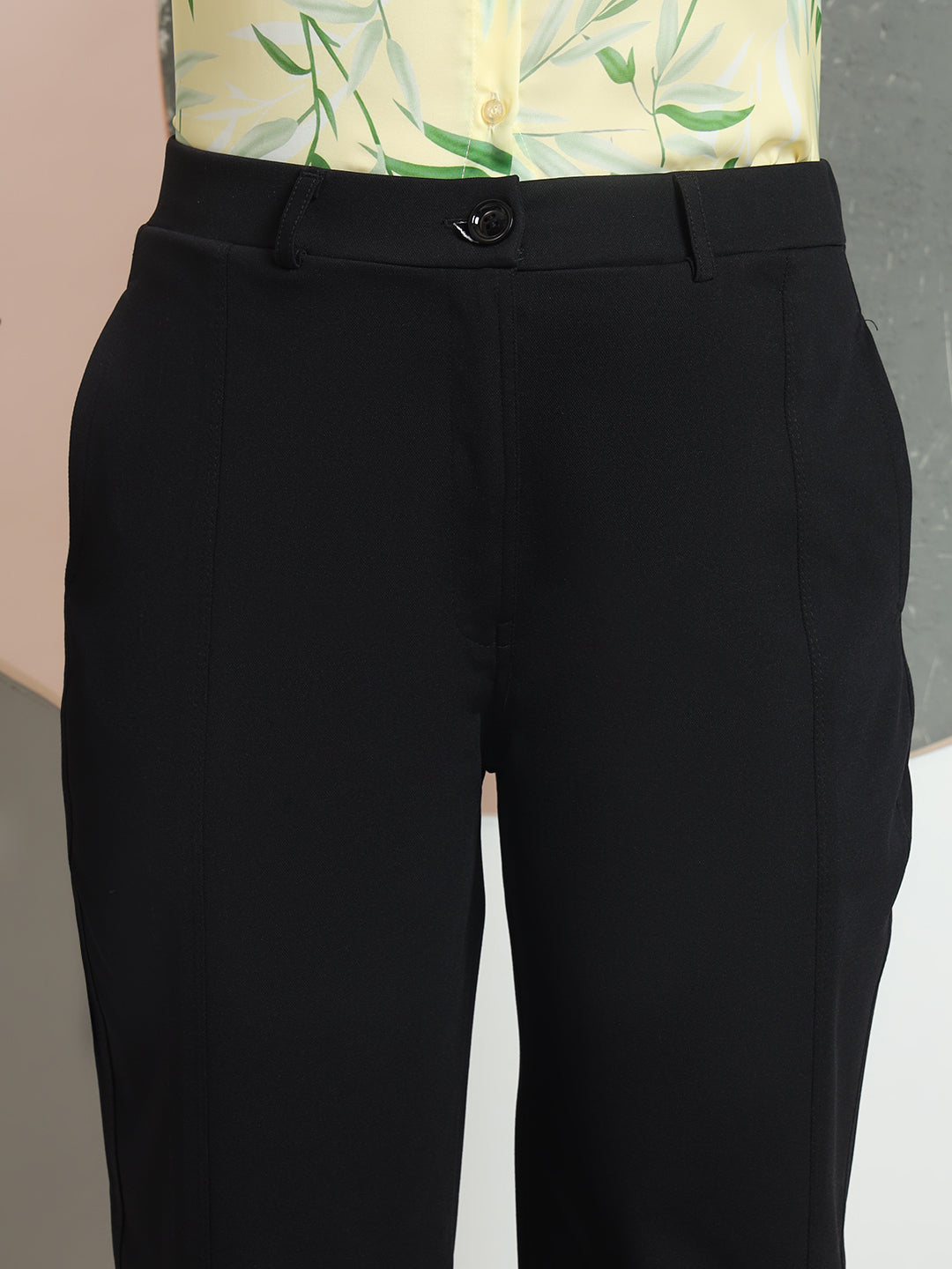 women tailored straight fit high rise easy wash formal trousers