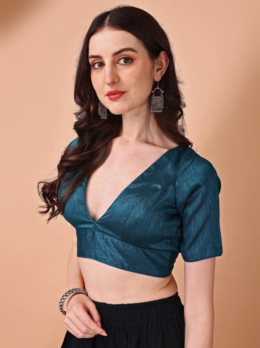 Teal colored half sleeves v neck blouse