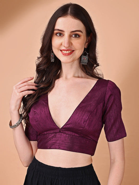 Magenta colored half sleeves v neck blouse