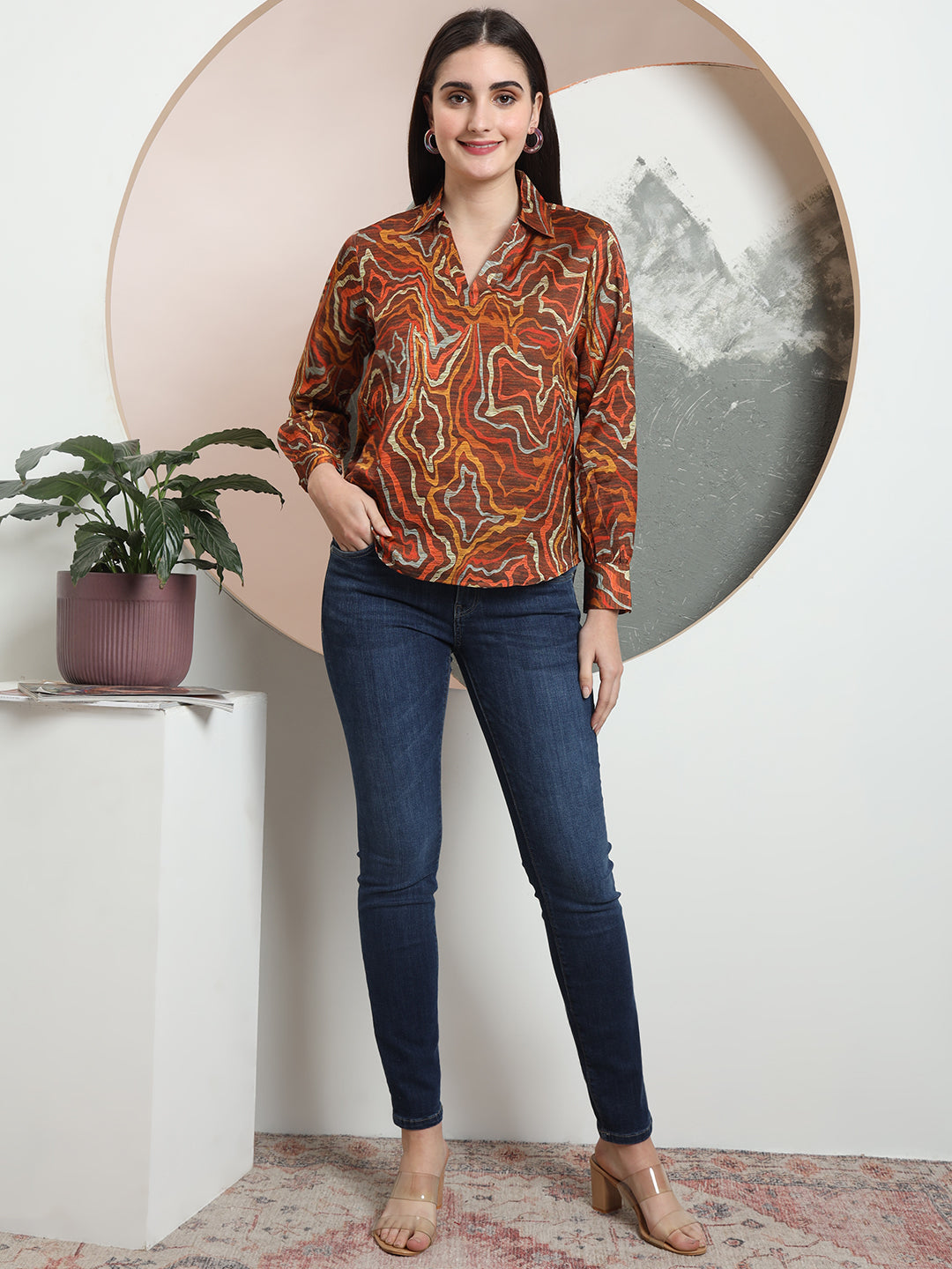 trendy printed v neck top for women 1