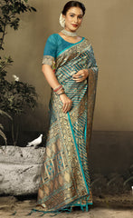 Gleaming Blue Color Satin Silk Saree