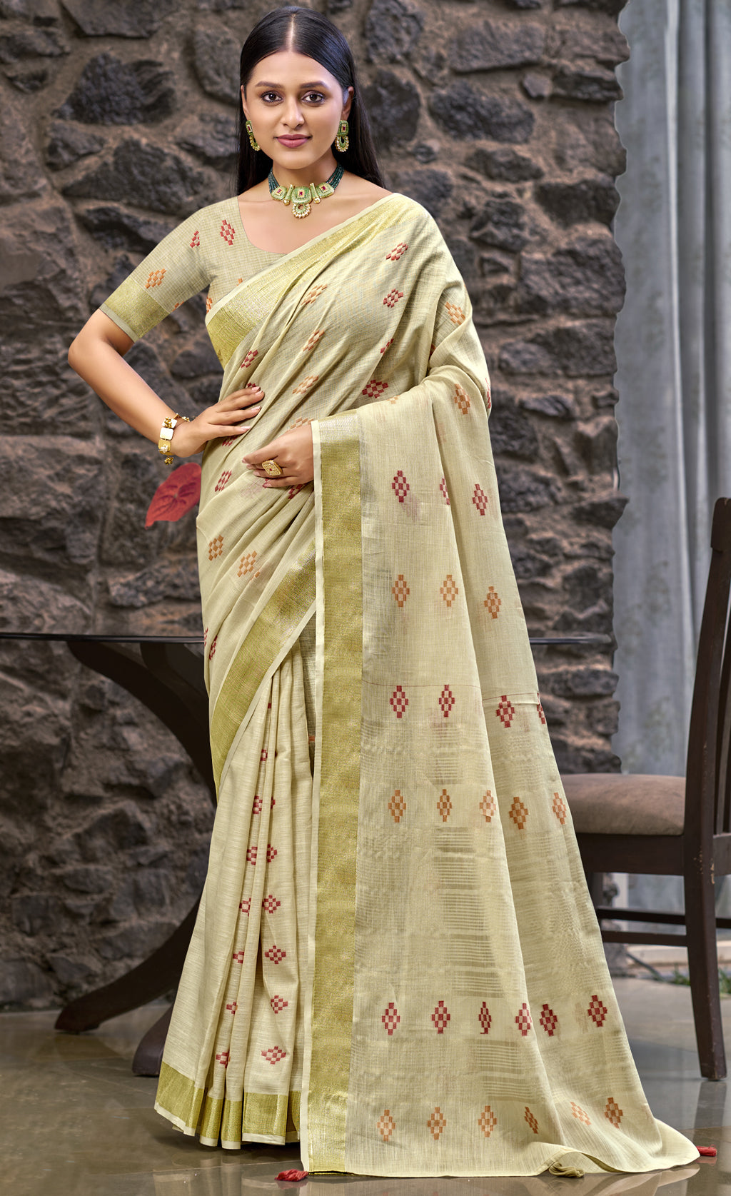 Linen Cream Lilan Slub Saree