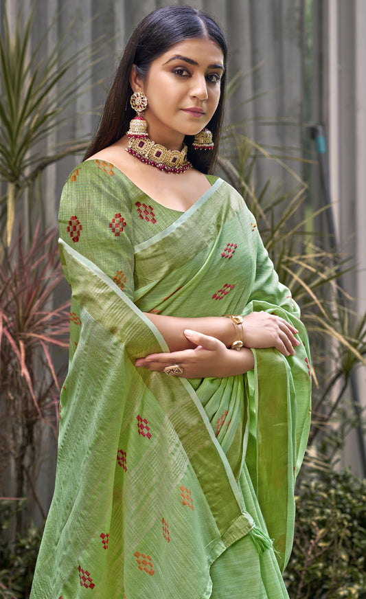 Linen Green Lilan Slub Saree