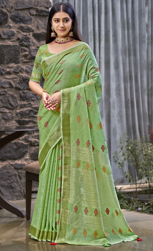 Linen Green Lilan Slub Saree
