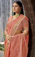 Linen Peach Lilan Slub Saree