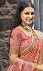 Linen Peach Lilan Slub Saree