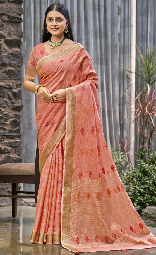 Linen Peach Lilan Slub Saree