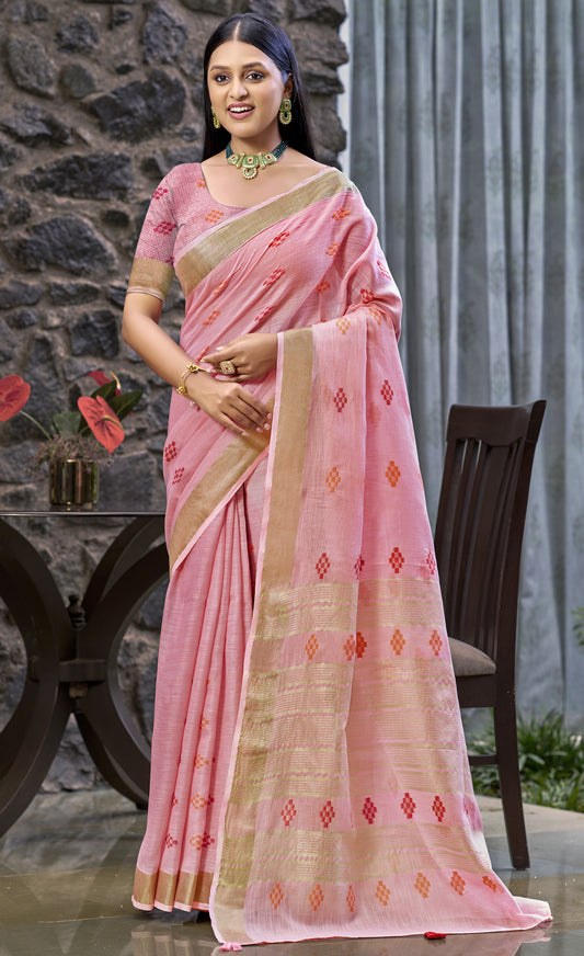Linen Pink Lilan Slub Saree
