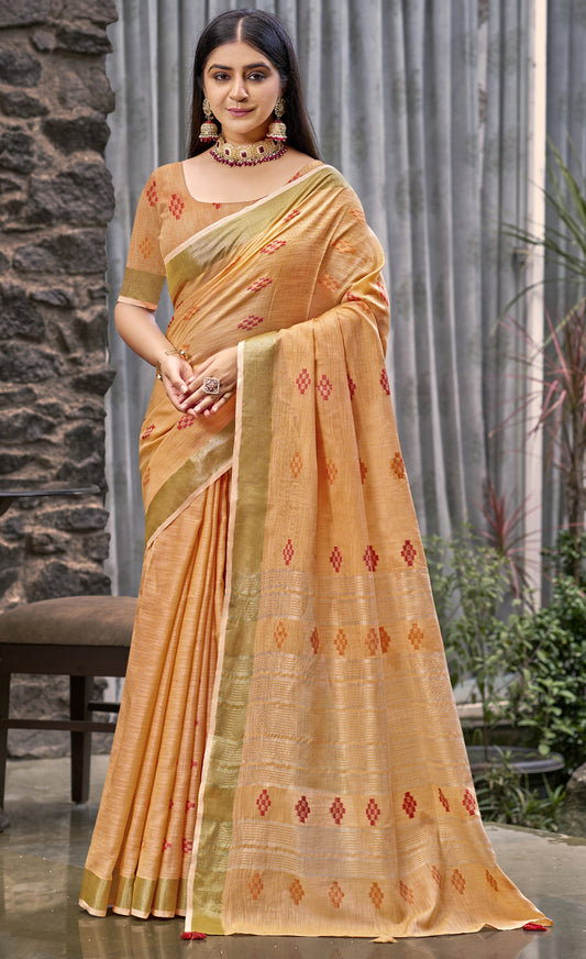 Linen Orange Lilan Slub Saree