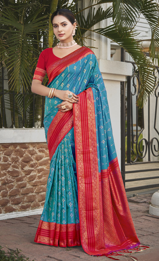 Sky Blue Silk Woven Work Traditional Saree