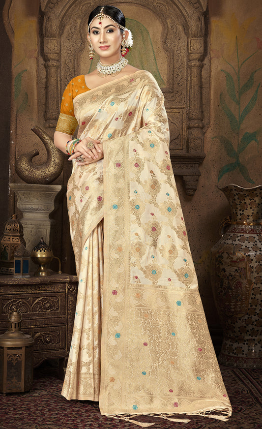 Cream Silk Woven Work Traditional Saree