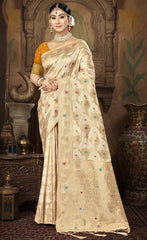 Cream Silk Woven Work Traditional Saree