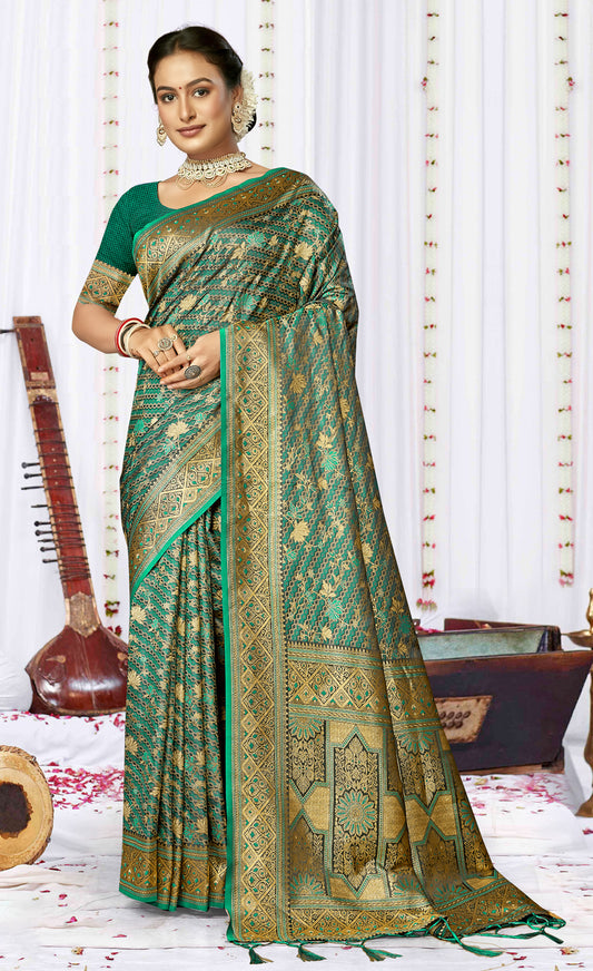 Fashionable Teal Blue Color Satin Silk Saree