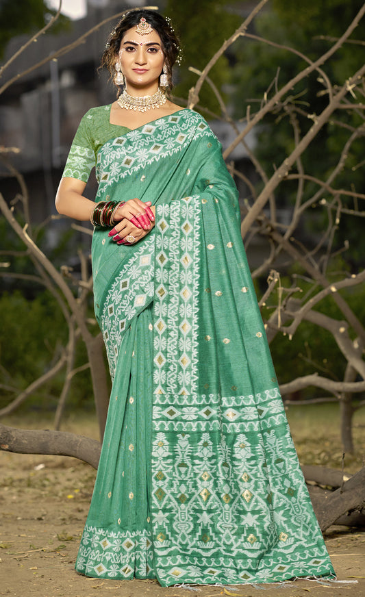 Linen Teal Green Silver Linen Cotton Saree