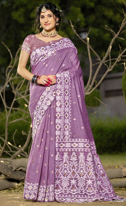Linen Purple Silver Linen Cotton Saree