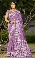 Linen Purple Silver Linen Cotton Saree