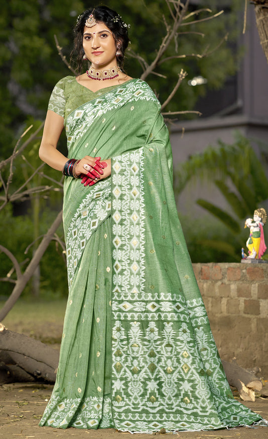 Linen Light Green Silver Linen Cotton Saree