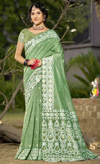 Linen Light Green Silver Linen Cotton Saree