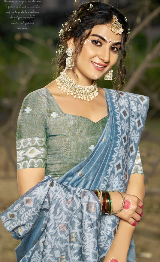Linen Grey Silver Linen Cotton Saree