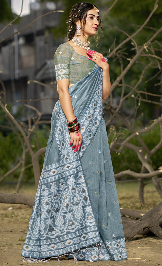 Linen Grey Silver Linen Cotton Saree