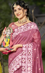 Linen Pink Silver Linen Cotton Saree