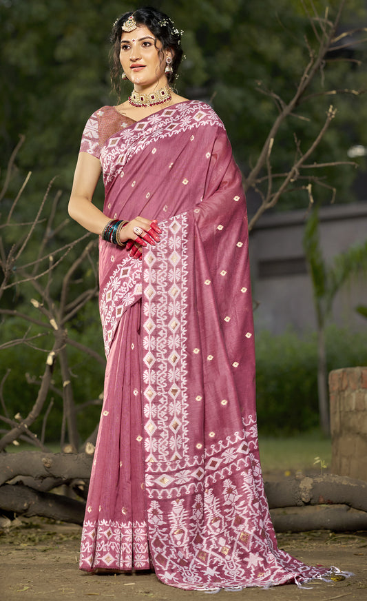 Linen Pink Silver Linen Cotton Saree