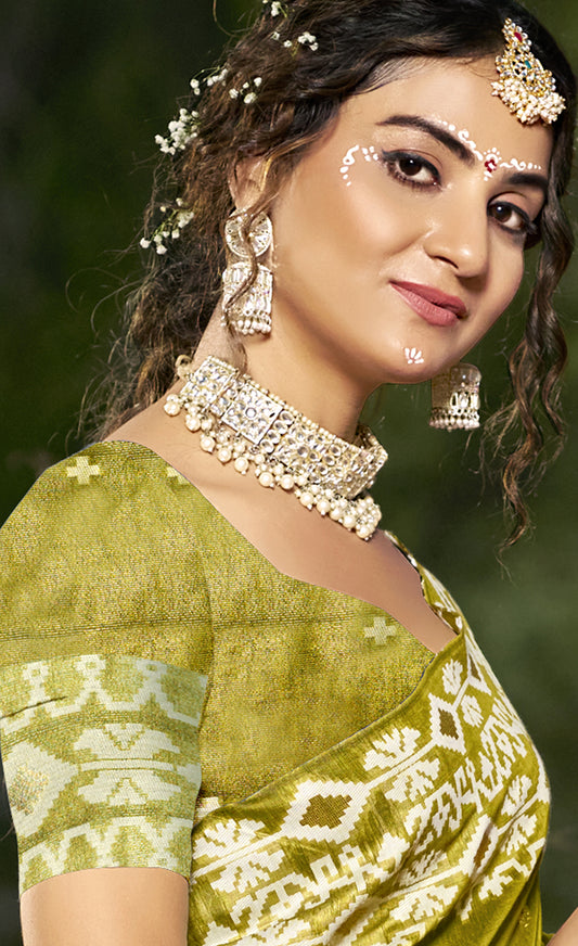 Linen Olive Green Silver Linen Cotton Saree