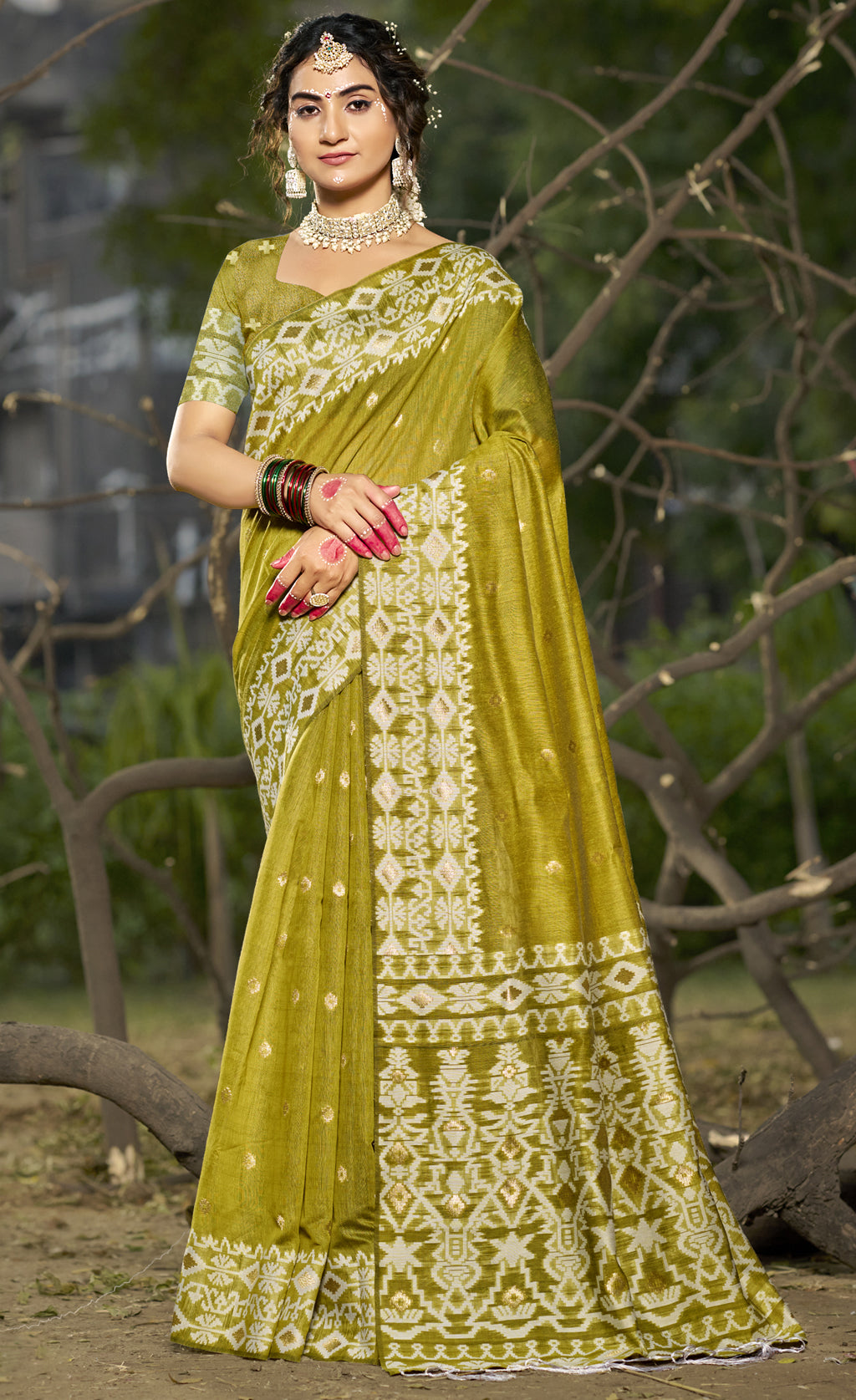 Linen Olive Green Silver Linen Cotton Saree