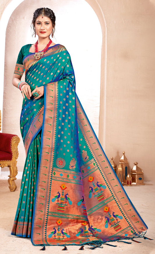 Sangam - Premium Turquoise Color Paithani Silk Saree