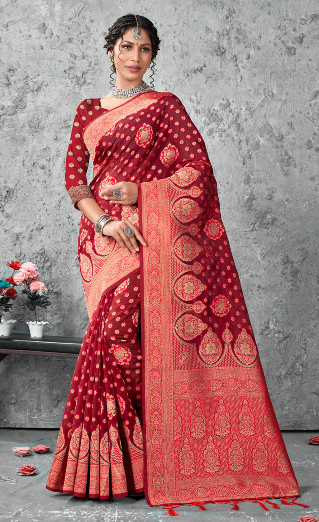 Bewitching Red Color Organza Saree