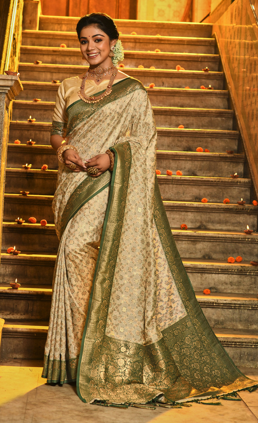 Festive Off White Color Banarasi Silk Saree