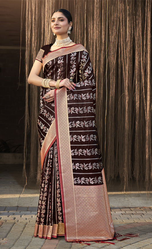 Exceptional Brown Color Satin Silk Saree