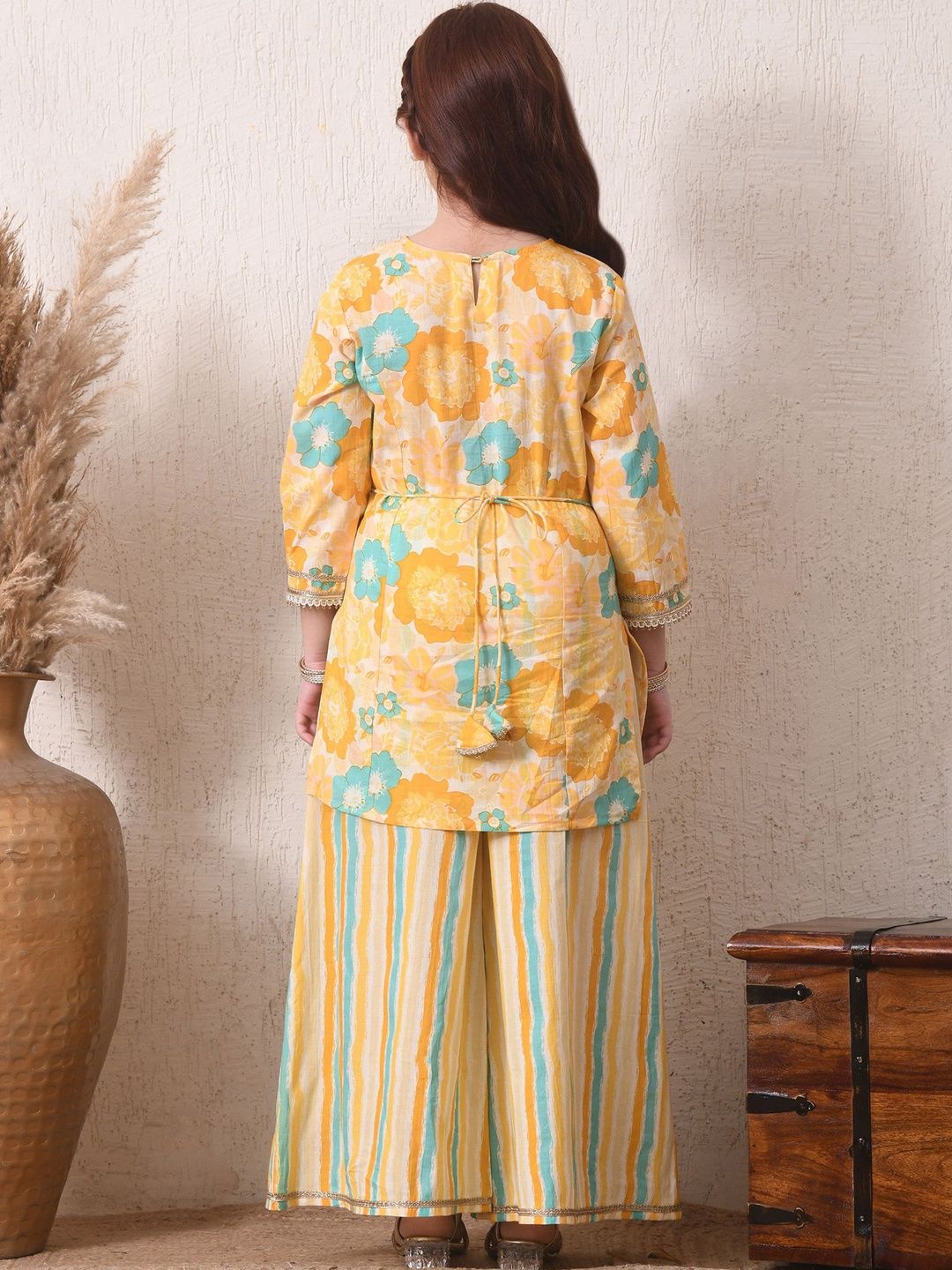 Indi Loom Couture Girls Yellow Floral Printed Kurta with Striped Palazzo Set ILKS76