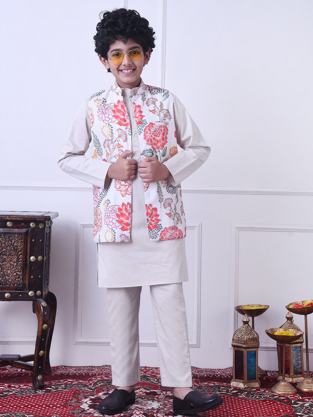Indi Loom Couture Boys Off White Kurta with Floral Printed Jacket & Pyjama Set ILBKSJ21