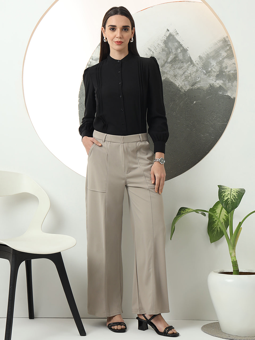 women solid designed high rise regular fit casual trousers 1