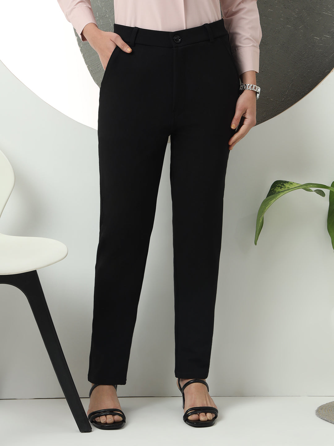 women smart loose fit high rise wrinkle free formal trousers