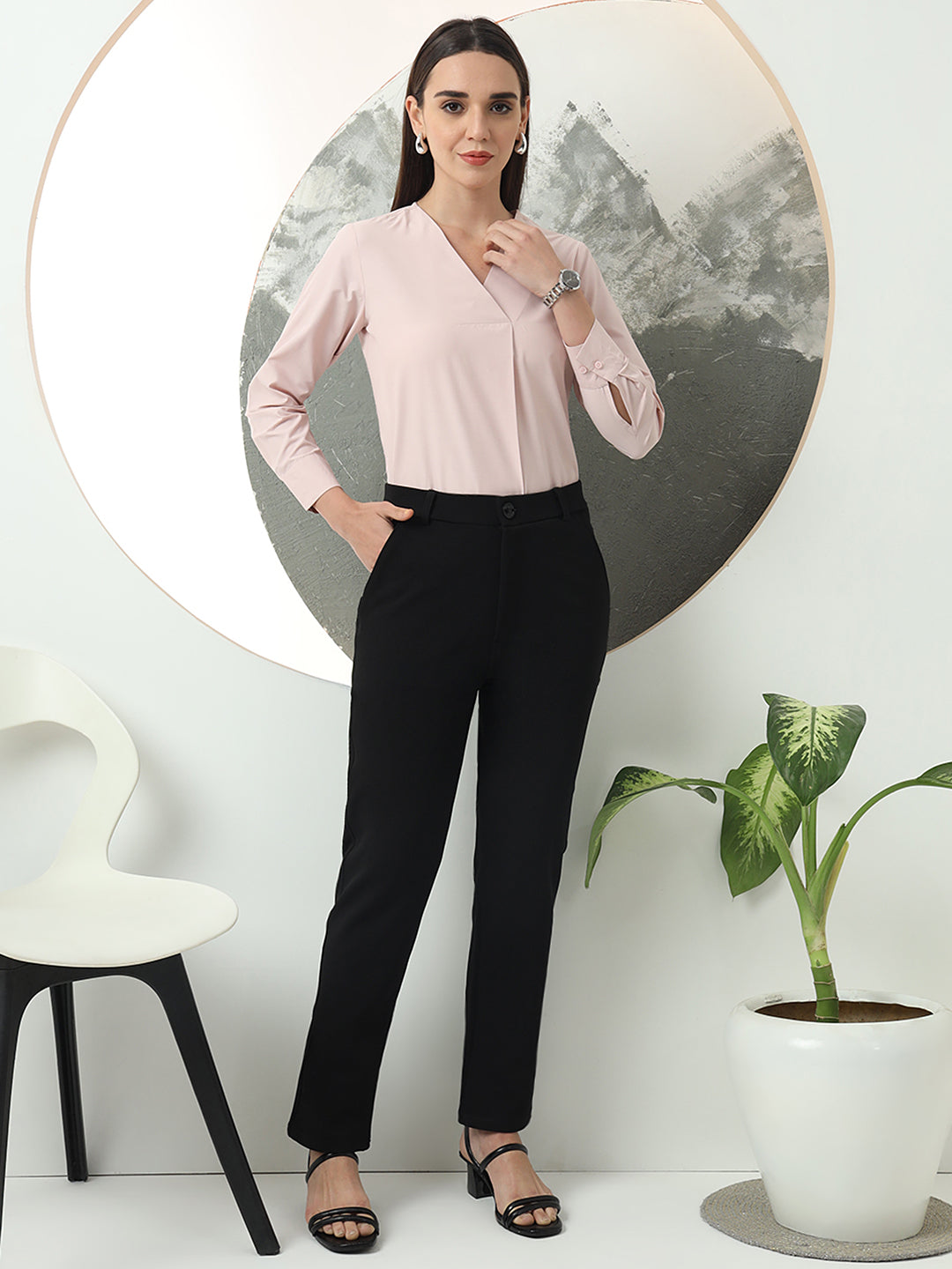 women smart loose fit high rise wrinkle free formal trousers
