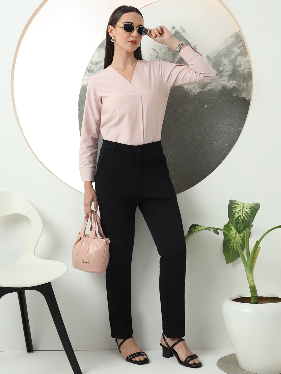 women smart loose fit high rise wrinkle free formal trousers