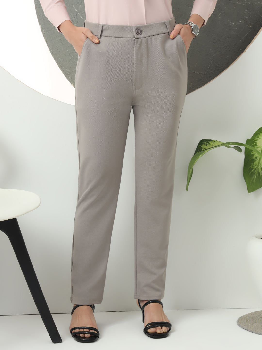 women smart loose fit high rise wrinkle free formal trousers