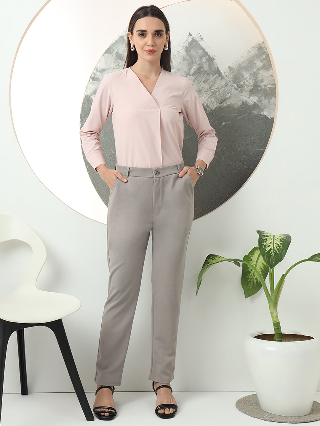 women smart loose fit high rise wrinkle free formal trousers