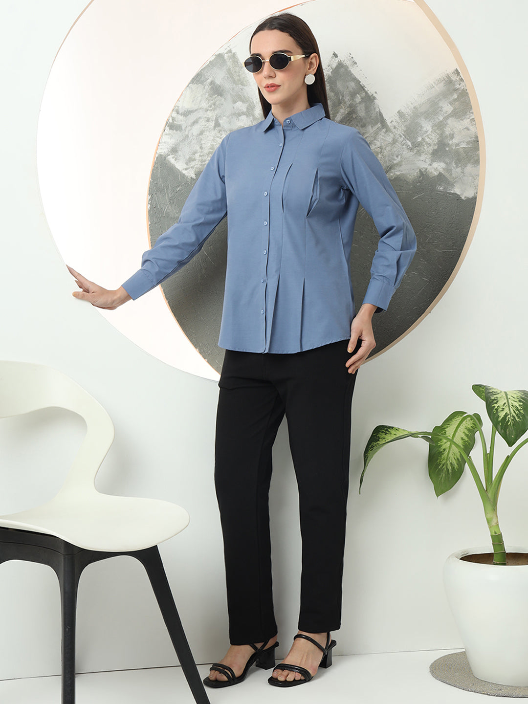 self designed women classic spread collar solid casual shirt