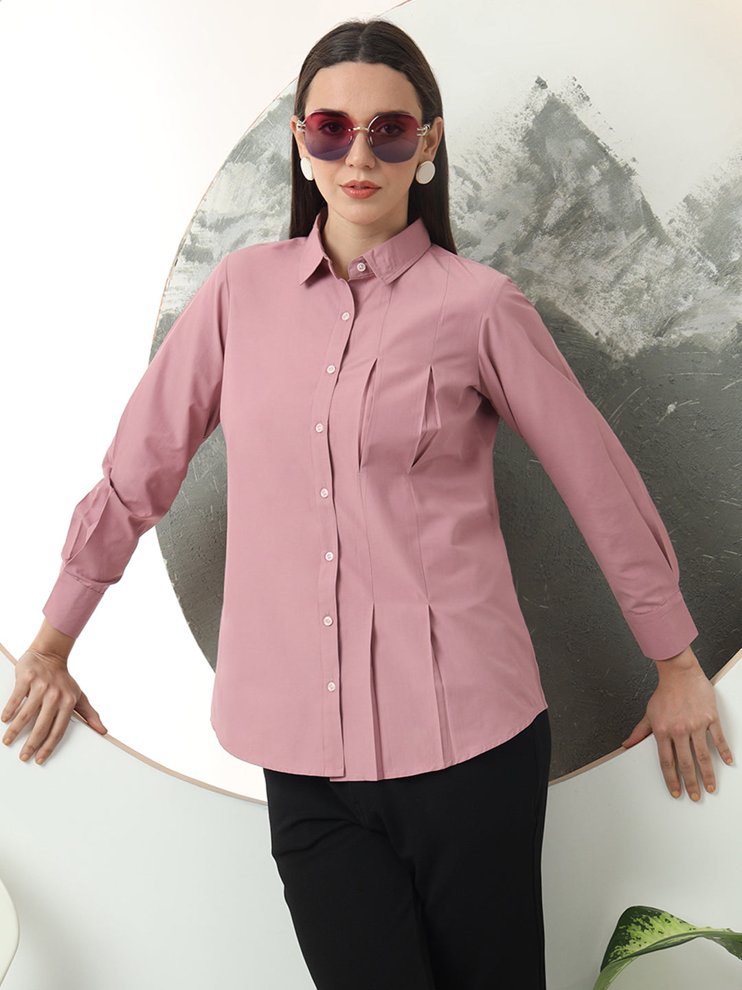 self designed women classic spread collar solid casual shirt